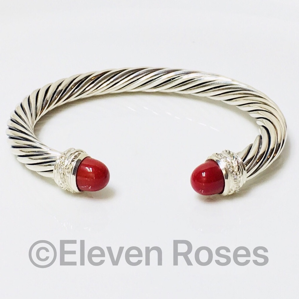 David Yurman Carnelian Diamond Cable Cuff Bracelet - Picture 8 of 8